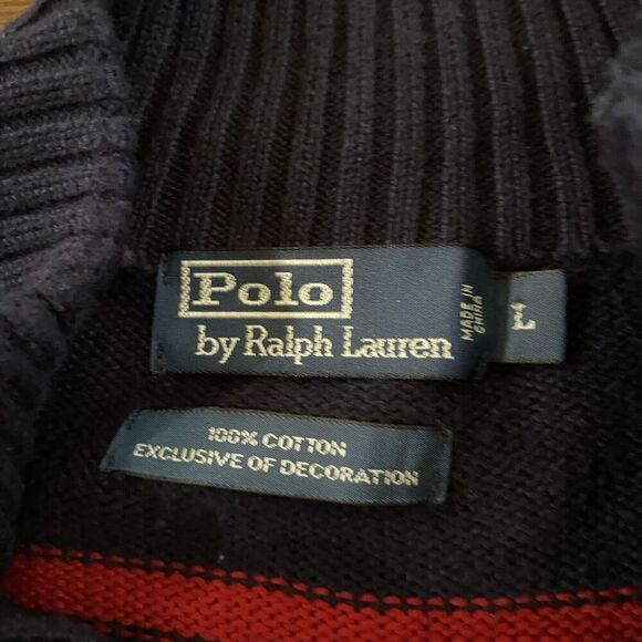 Polo Ralph Lauren Sweater Mens L Blue Red 1/4 Zip Pullover Ribbed Cotton Stripe - Picture 2 of 10